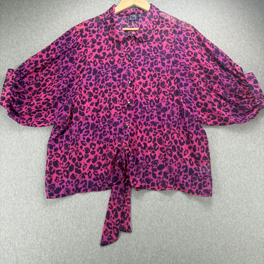 Hello Kitty Top Womens XL Pink Purple Leopard‎ Print Tie Front Chiffon Layering